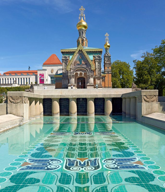 Institut Mathildenhöhe: Entwurf Albin Müller; Ausführung: Gail’sche Dampfziegelei und Tonwarenfabrik, Wasserbecken Lilienbecken, Mathildenhöhe, Darmstadt, 1914